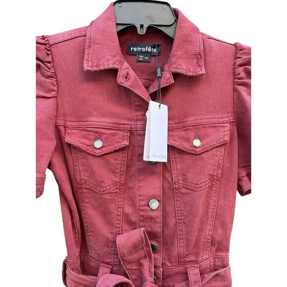 Retrofete Tori Puff Sleeve Denim One Piece Jumpsuit In‎ Rose Pink, Size XS